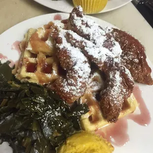 a plate of waffles and a cupcake