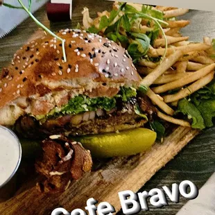 Burger and truffle garlic fries.