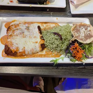 Chicken millapanese with chipotle cream.  Great flavor, rice and beans are good as well vs just part of the plate