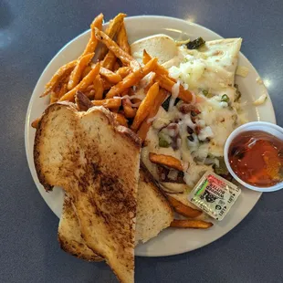 Sweet potato fries, build your own crepe, toast