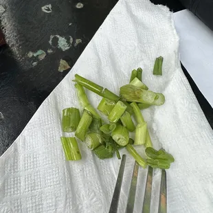 dry and old green onion in the oily and gross loaded breakfast bowl