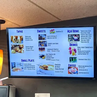 a menu on a large screen