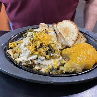 Relleno Crepes- tasted wonderful!! Served with cheesy hash browns and toast