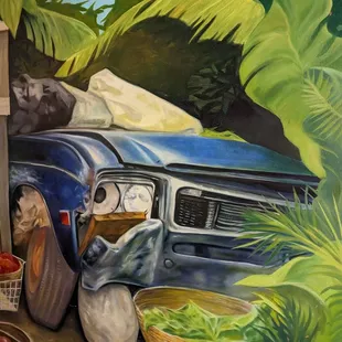 a painting of a blue car with a man sitting in the back of it