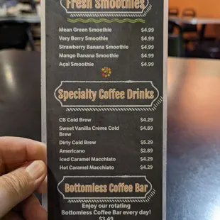 a menu for fresh smoothies