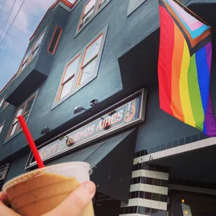 Sign, flag, and iced latte