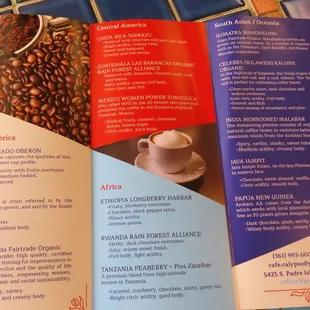 a menu for a coffee shop