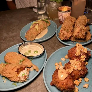 Fried ribs, hush puppies, fried stuffed zucchini flowers, fried green tomatoes