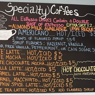 Coffee menu