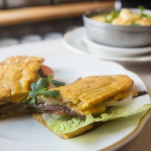 Steak jibarito with shrimp soup with rice