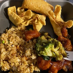 a tray of food with rice, broccoli, and meat