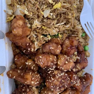 Lunch sesame chicken. Good, good fried rice, big portion.
