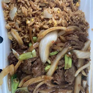 Lunch Mongolian beef. Tender, tasty beef. Good fried rice. Big portion.