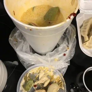 Onion, pepper, and potatoes are not well cut in the curry. You can see the center eye of the onion and tail of the pepper.