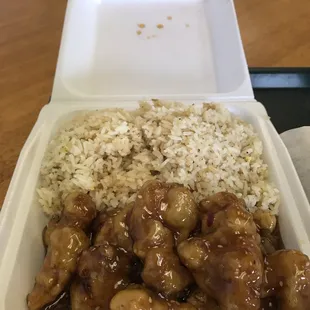 Sesame chicken. Very minimal flavor, too thick sauce, all dark meat chicken &amp; lukewarm. Rice was flavorless even for rice. Had clumps.