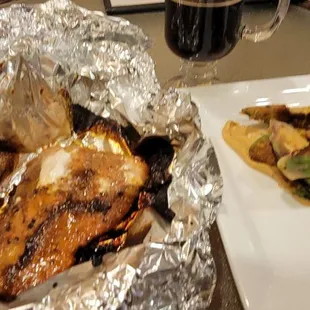 Baked salmon entree and fried avocado app