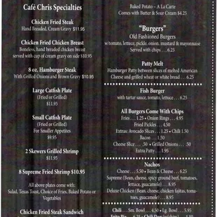 Menu (Front).   Cafe Chris. Pleasanton, TX.