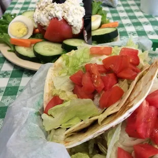 Chicken salad stuffed tomato and chicken fajitas