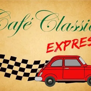 a red car with a checkered flag