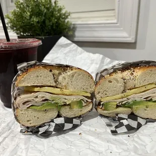 Iced hibiscus tea and create your own breakfast sandwich on everything bagel with egg, Turkey, and avocado.