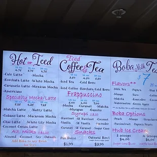 a menu for hot iced coffee