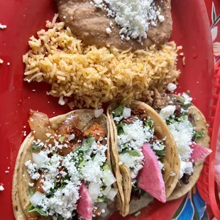 3 taco platter with rice and beans