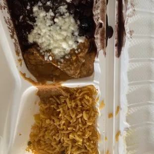 Rice and 1/2 black beans - 1/2 refried.