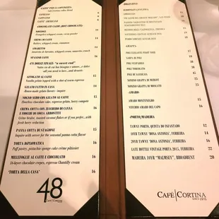Cafe Cortina dessert menu