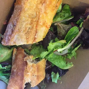 SPECIAL OF THE DAY: Generous Ham and man he go cheese sandwich on baguette with a side salad: $12.