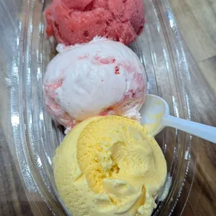 Mango ice cream, peppermint ice cream, raspberry sorbet