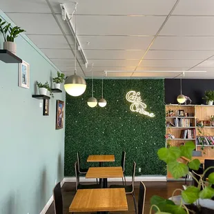 One of the sitting areas with the library
