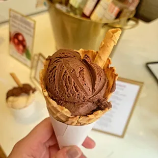 Chocolate gelato in a waffle cone