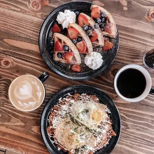 Chilaquiles and churro waffle  Horchata latte and Cafe de olla