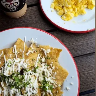 Order: Green chilaquiles with scrambled eggs and large horchata latte.