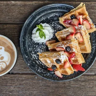 Rompope mexi-frap reg size ($5.99) &amp; churro waffles ($10.49)