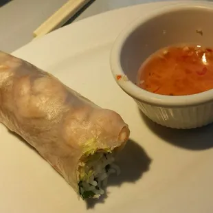 Shrimp spring rolls, seafood showing side.