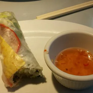 Shrimp spring roll, non-seafood showing side.