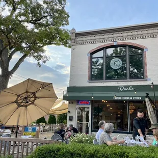 a group of people eating outside