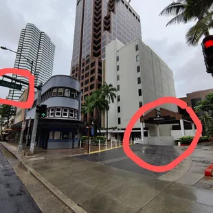 For the parking, turn right on Adams Lane (from Bishop Street) and go down the ramp