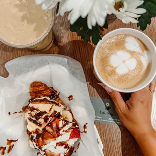 chocolate strawberry banana croffle, sea salt caramel latte &amp; pbj smoothie
