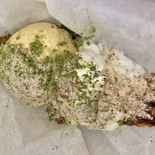 Croffle Waffle Croissant with Matcha (Powder) - Served with whipped cream and vanilla ice cream, almonds $6.99