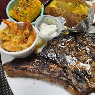 rilled steak, potatoes, and corn