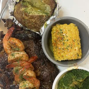 Ribeye Shrimp Broccoli Corn Baked Potato