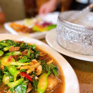 Crispy Pork Belly with Chinese broccoli. Oyster sauce, lots of garlic, and wonderful flavors. Highly recommended.