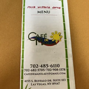 Menu (states prices increase but it's not indicated on menu)