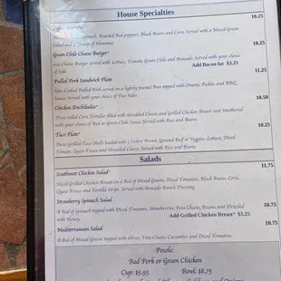 MENU So many tasty choices: red pork Posole, Vegan Burritos, chicken enchiladas to name a few!