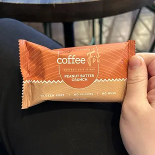 Gluten free protein bar, love the peanut butter and it goes great with a latte!