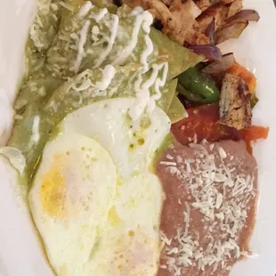 Chicken fajitas, Chilaquiles, eggs, and beans.  So, so good!