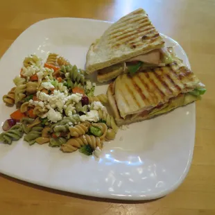 Turkey and cheese panini with pasta salad