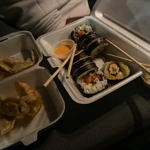 We got the Gyoza and fusion roll+cucumbers with spicy Mayo on the side!
